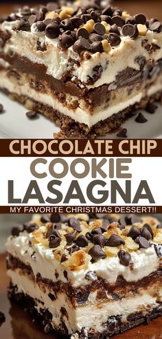 chocolate chip cookie lasagna dessert with text overlay