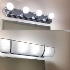 two pictures of a bathroom mirror with lights above it and below the mirror is a light fixture