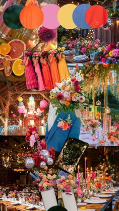 an assortment of colorfully decorated tables and chairs