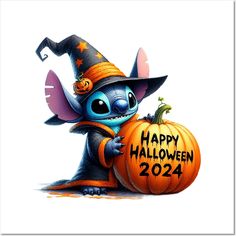 a cartoon character holding a pumpkin with the words happy halloween on it's side