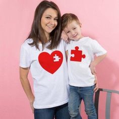 Matching Mommy & Me Short Sleeve Tee Shirts. This Listing Is For The Adult Heart Shirt, See Also The Kid Puzzle Piece Listing For Match. Brand New In Package. Cotton Tops With Heart Print For Mother's Day, White Casual Top For Valentine's Day, Casual White Top For Valentine's Day, White Heart Print T-shirt For Mother's Day, White T-shirt With Heart Print For Mother's Day, White Tops With Heart Graphic For Valentine's Day, White Short Sleeve Tops With Heart Print, Casual Red Shirt With Heart Graphic, Cute Red Heart-shaped Top