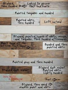 some wood planks with different types of paint on them and the words painted on them