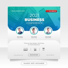 a business conference flyer with three men