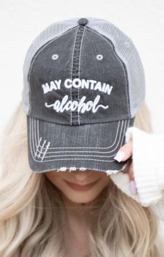 'May Contain Alcohol' Embroidered with Velcro Closing Professionally Embroidered with Industrial machine. Grey Distressed Trucker Hat. 80% cotton/20% polyester, Herringbone fabric 100% polyester mesh back Unstructured, six-panel, low-profile Pre-curved fray visor with contrasting undervisor Velcro closure May Contain Alcohol, Mandala Shirt, Custom Trucker Hats, Herringbone Fabric, Industrial Machine, Distressed Hat, Hand Crochet Baby Blanket, Hat Ideas, Keep It Real