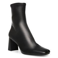 Pair up your jeans and midi dresses with these women's Steve Madden Hush black ankle booties for sophisticated and trendy looks. Crafted with vegan leather upper, these pant booties offer a sock-like fit and flaunt a square toe design with inside zipper closure. Features include textile and vegan leather lining and vegan leather sockliner for ultimate sustainable comfort, and a synthetic sole with chunky, sturdy block heel that offers style and comfort. | Steve Madden Women's Hush Ankle Bootie in Black Size 6 Medium Fitted Mid-calf Boots With Reinforced Heel, Trendy Medium Width Ankle Heeled Boots, Fall High Ankle Heeled Boots For Work, Trendy Mid-calf Square Toe Boots For Fall, Fall Medium Width Ankle Heeled Boots, Fitted Mid-calf Platform Boots For Fall, Fall High Ankle Platform Boots Medium Width, High Ankle Booties With Padded Ankle For Work, Fall Ankle-high Faux Leather Heeled Boots