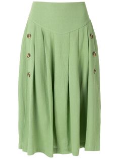 Green Zuzu midi skirt from Olympiah featuring a high rise, a side zip fastening, pleated details, decorative buttons, a mid-length and a loose fit. Tall Boots Outfit, Bridesmaid Dresses Ideas, Midi Skirt Green, Aluminum Earrings, Sequence Work, Going Green, Dresses Ideas, Decorative Buttons, Green Skirt