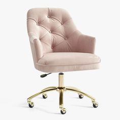 a pink office chair with gold wheels on a white background