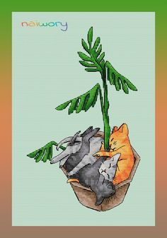 a cross stitch pattern with an image of two cats and a plant in the middle