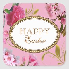 a happy easter card with pink flowers and gold trimmings on a pink background