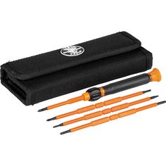 an orange and black set of screwdrivers in a case with four other tools