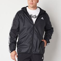 Add this adidas men's lightweight windbreaker to your repertoire for on-trend and high-performing workout looks. Crafted from a woven blend, this hooded jacket features the brand's signature striped design and has a full zip closure and side pockets. Style with jogger pants or workout shorts. Features: HoodedClosure Type: ZipperFit: Regular FitNeckline: Hooded NeckPockets: 2 Front Slip PocketsSleeve Length: Long SleeveWarmth Factor: LightweightOuterwear Length: MidFiber Content: 100% PolyesterFa Adidas Functional Windbreaker With Three Stripes, Adidas Functional Windbreaker With Logo, Adidas Nylon Track Jacket For Sports, Adidas Spring Sportswear Windbreaker, Spring Moisture-wicking Windbreaker For Gym, Adidas Windbreaker With Three Stripes For Sports, Adidas Three Stripes Windbreaker For Sports, Adidas Black Windbreaker With Logo, Adidas Casual Windbreaker With Moisture-wicking