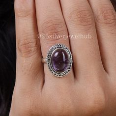 Amethyst Ring, 925 Sterling Silver Ring, Oval Gemstone Ring, Handmade Jewelry, Cabochon Ring, Ring For Women, Personalised Gift For Her. Gemstone Name - Amethyst Stone Quality - AAA Ring Weight - 5.61 gm Stone Shape - As shown in the picture You'll get the exact product as shown in the pictures We serve complete 925 sterling silver Jewelry and genuine properties of the stone. The products are dispatched from the small business from USA. Product Quality and Packaging - Our all products are 925 Si Oval Cabochon Amethyst Ring Gift, Oval Amethyst Cabochon Ring, Cabochon Amethyst Ring Gift, Anniversary Ring With Oval Cabochon Stone Setting, Anniversary Oval Cabochon Stone Setting Ring, Purple Oval Cabochon Ring, Amethyst Oval Cabochon Ring For Anniversary, Oval Amethyst Ring In Silver, Oval Silver Amethyst Ring