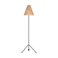 a floor lamp with a wooden shade on it's base and black metal legs