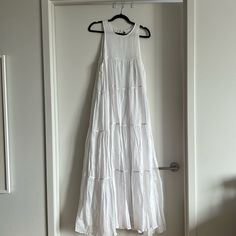 White Linen, Lined, Airy, Tiered Dress. Perfect For A Bump! White Tiered Maxi Dress For Daywear, White Tiered Midi Dress For The Beach, White Tiered Midi Dress For Beach, White Breezy Maxi Dress For Daytime, White Tiered Dress For Daytime, White Breezy Dress For Daytime, Tiered Maxi Dress, Tiered Dress, White Linen