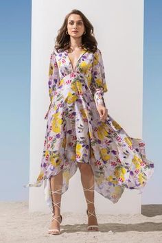 Shop for Mandira Wirk Yellow Satin Floral Print Dress for Women Online at Aza Fashions Mandira Wirk, Lapel Collar Dress, Yellow Satin, Collar Neck, Satin Color, Multicolor Dress, Collar Dress, Flower Dresses, Dress For Women