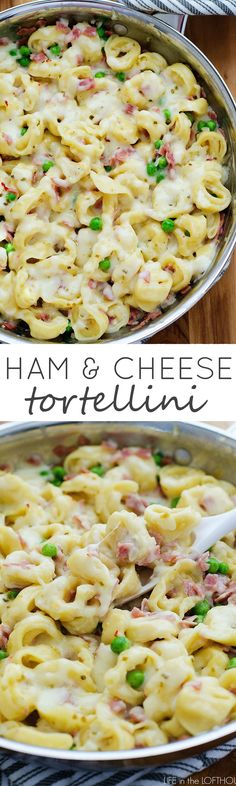 ham and cheese tortellini casserole in a pan with two servings