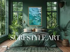 a bedroom with green walls and wooden flooring is featured in the ad for surf style art