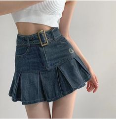 Lasaky - Vintage High-Waisted Denim Skirt with A-Line Pleated Design Denim Pleated Skirt, Short Wrap Skirt, Girls Denim Skirts, Short Summer Skirts, Womens Pleated Skirt, Skirt Inspiration, Pleated Skirt Short, High Waisted Denim Skirt, Wrap Dress Short