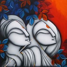 a painting of two white buddhas surrounded by blue and red leaves on an orange background