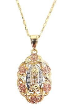 "Virgin Mary (Guadalupe Virgin) with Roses Necklace Gorgeous Virgen de Guadalupe pendant with Rose flowers surrounding her heavenly image! *Pendant Height: 2.5\" inches *Pendant Width: 1.5\" inch *14k Tricolor Gold Plated *Includes 24\" inches (Two Styles) Figaro chain (style CM-76) Material: Copper Measurements: Chain - 12 inch. from top to bottom (24\" Long from end to end) *ABOUT US* \"Ashley Accesorios\" is an online retailer based in Lacey, Wa. Our goal is to provide the BEST QUALITY items Quince Necklace Gold, Latina Necklace, Quince Necklace, Virgin Necklace, Virgin Mary Necklace Gold, Virgencita Necklace, Quince Jewelry, Quinceanera Necklace, St Jude Necklace