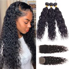 PRICES MAY VARY. Hair Material:100% Unprocessed Virgin Remy Human Hair 12A Grade Brazilian Natural Water Wave Hair Bundles with Closure. Hair Bundles:95-100g/Bundle(3.3oz-3.5oz/bundle)Full Weight and True to length ;Full Cuticle Aligned,High elasticity & Bouncy,Tight & Neat;longer size will look thinner and 3-5 Bundles are necessary for a full head. Lace Closure:4"X4" Natural Water Wave Lace Closure, 35g-50g/pc, Free Part, Medium Brown Swiss Lace,No Bleached Knots,130% Full Density Swiss Lace Cl Bundles With Closure, Hair Brands, Wave Hair, Brazilian Virgin Hair, Hair Life, Water Waves, Swiss Lace, Brazilian Human Hair, Wig Accessories