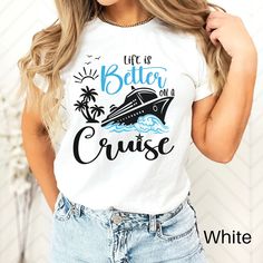 "Escape to a world of adventure and relaxation with our \"Life is Better on a Cruise\" Cruise Ship T-Shirt. Whether you're a seasoned cruiser or dreaming of setting sail for the first time, this t-shirt is a perfect way to express your love for the open sea and the incredible experiences that come with it. Featuring a stylish cruise ship graphic and the uplifting phrase \"Life is Better on a Cruise,\" this design encapsulates the joy, freedom, and wanderlust that cruising offers. The graphic add White Summer Travel Tops, Casual Graphic Print Travel Shirt, White Summer Tops For Travel, White Tops For Summer Travel, White Graphic Print T-shirt For Travel, White Crew Neck T-shirt For Travel, Casual Short Sleeve Travel Tops, Casual Short Sleeve Tops For Travel, White Graphic Print Top For Travel