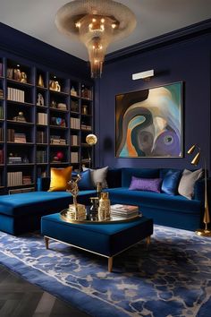 a living room filled with blue couches and bookshelves next to a coffee table