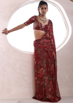 Pre draped saree with embroidered blouse. Red Designer Pre-draped Saree, Traditional Evening Pre-draped Saree, Evening Anarkali Blouse With Sheer Dupatta, Traditional Drape Dupatta For Evening, Elegant Red Pre-draped Saree With Sheer Dupatta, Evening Anarkali Blouse With Traditional Drape, Traditional Evening Saree, Designer Embroidered Draped Saree, Semi-stitched Embroidered Draped Saree