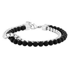 Stainless steel and matte black onyx bead 8.5 inch bracelet. Modern Black Bracelets With Black Beads, Modern Silver Bracelet With Black Beads, Modern Silver Beaded Bracelet With Black Beads, Modern Black Round Bead Bracelets, Elegant Black Jewelry With Stainless Steel Clasp, Adjustable Matte Black Modern Jewelry, Modern Matte Black Adjustable Jewelry, Black Jewelry With Stainless Steel Clasp, Black Stainless Steel Jewelry With Round Beads