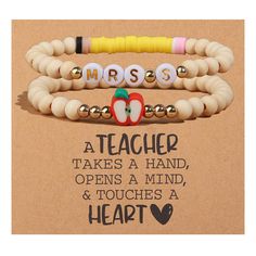 two bracelets with teacher charms on them