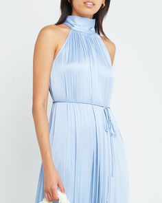 Product Details Look effortlessly elegant in this luminous blue dress. Done with adjustable ties and a beautifully pleated skirt.- Back necktie- Waist tie- Content: 100% Polyester Style# T22WDR12012N Fit Notes - Model wearing a size S- Model measurements: Height: 5'10.5" Bust: 32" Waist: 25.5" Hips: 34.5" Size Length Bust XS 132 108 S 134 112 M 136 116 L 138 120 XL 140 124 Blue Party Midi Dress With Tie Back, Elegant Tie Neck Midi Dress For Summer, Elegant Tie Neck Summer Midi Dress, Elegant Summer Midi Dress With Tie Neck, Spring Formal Maxi Dress With Tie Back, Elegant Tie Neck Dresses For Summer, Elegant Summer Dress With Tie Neck, Elegant Tie Neck Summer Dress, Chic Evening Dresses With Tie Neck