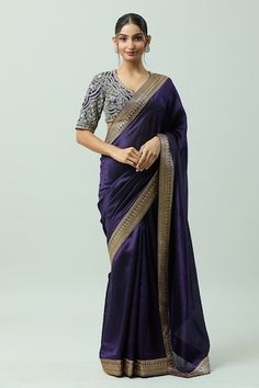 Purple kora dupion saree with contrast hand embroidered border in geometric pattern. - Aza Fashions Jayanti Reddy Saree, Saree Women, Jayanti Reddy, Embroidered Border, Geometric Fabric, Aza Fashion, Hand Embroidered, Geometric Pattern, Custom Made