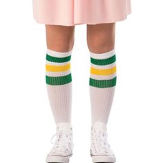 Help save your friends from the Demogorgon in these Adult Eleven Socks! These are white knee-high socks with green and yellow alternating stripes at the top. Pair these with a blonde wig pink dress some sneakers and optional box of waffles for a spot-on costume. Whether you're attending a sci-fi convention dressing up for Halloween or throwing a Stranger Things watch party & these socks are an essential for a true Eleven experience. Stranger Things Eleven Socks product details:  98% polyeste Eleven Stranger Things Costume, Eleven Costume, Stranger Things Halloween Costume, Stranger Things Eleven, Striped Knee High Socks, Stranger Things Costume, Stranger Things Halloween, Adrien Y Marinette, Eleven Stranger Things