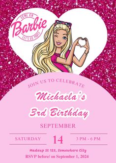 the barbie birthday party is set up with pink glitters and sparkle heart shaped balloons