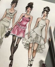 three women in dresses and stockings are shown on a sheet of paper with crayon markers