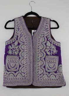 A rare find vintage sleeveless waistcoat from Afghanistan. Size: S/M Measurements (Flat): Bust: 18 Shoulder: 12 Height: 22 Note: Worn and minor signs of wear. Afghan Vest, Balochi Dress, Sleeveless Waistcoat, Vintage Afghan, Vest Outfits, May 22, Gender Neutral, Adult Outfits, Purple