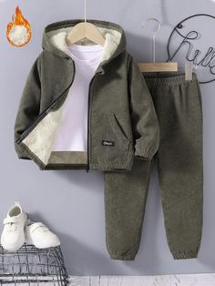 Young Boy Letter Patched Thermal Lined Hooded Jacket & Pants Without Tee Army Green Casual    Letter  Non-Stretch  Young Boys Clothing, size features are:Bust: ,Length: ,Sleeve Length: Boy Letter, Sweatshirts Pattern, Boys Set, Boys Casual, Casual Street Style, Boys Clothing, Sport Pants, Army Green, All Fashion