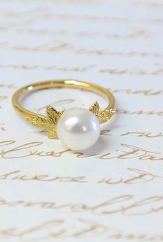 Gold Leaf Pearl Ring, Pearl Engagement Ring, Pearl Bridesmaid Jewelry, Stacking Ring, Greek Ring, Pe White Open Ring Pearl Ring For Wedding, Fine Jewelry Open Ring For Wedding, White Pearl Open Ring For Wedding, White Open Pearl Ring For Wedding, White 14k Gold Wedding Jewelry, Wedding Jewelry Open Ring With Solitaire, Delicate Wedding Jewelry Hallmarked, Elegant 14k Gold Jewelry For Marriage, White Gold Open Ring Jewelry For Wedding