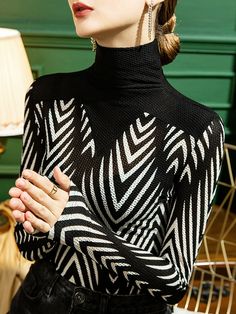 Long Sleeves Plus Size See-Through Split-Joint High Neck T-Shirts BLACK-S Turtleneck T Shirt, Gothic Clothes, Turtleneck Shirt, Zebra Stripes, Striped Turtleneck, Crop Top Outfits, Bottoming Shirt, Black Turtleneck, Spring Tops