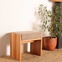 a wooden bench sitting next to a potted plant on top of a carpeted floor