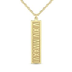 Honor and celebrate your favorite special day with a sleek and meaningful accessory - this personalized Roman numeral date bar pendant. Crafted in your choice of metal This 35.0 x 8.0mm vertical bar features a polished and sandblast finish and the Roman numeral date you enter - gleaming along the linear drop in the xx.xx.xxxx format. This pendant suspends along a 16.0-inch rope chain with 2.0-inch extender that secures with a spring-ring clasp. Rectangular Engraved Bar Necklace For Anniversary, Engraved Rectangular Bar Necklace For Anniversary, Date Bar, Roman Numerals Dates, Date Bars, Vertical Bar, Roman Numeral, Bar Pendant, Drop In