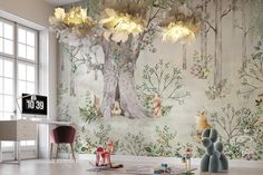 a child's room with a wallpapered mural and toys on the floor