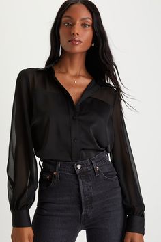 Everyone is sure to remember a remarkable look like the Lulus Definitely Iconic Black Satin Long Sleeve Button-Up Top! This eye-catching top starts with woven chiffon that shapes a sheer dÃ©colletage that carries into long sleeves, while sleek satin forms a classy collared neckline and button cuffs. The matching bodice features a functional button placket at the center before falling to the perfect tuckable-length hem. Fit: This garment fits true to size. Length: Size medium measures 26.5" from How To Style Black Button Up, Satin Long Sleeve Top Outfit, Chiffon Top Styles, Long Sleeve Top Outfit, Satin Long Sleeve Top, Black Satin Top, Satin Button Up, Top Satin, Wardrobe Wishlist