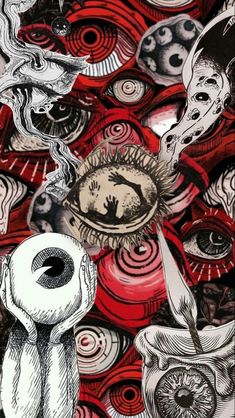 an artistic painting with red, black and white designs on it's surface is featured in this image