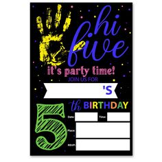 a birthday card with the number five on it and handprints in neon colors