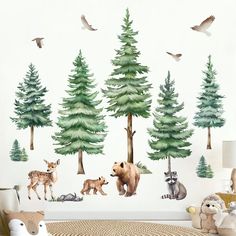 this is an image of a forest scene with animals and birds on the trees wall decals