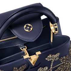 LOUIS VUITTON® - Capucines Bb - Navy Louis Vuitton Capucines Bb, Louis Vuitton Capucines, Unique Purses, Fancy Bags, Louis Vuitton Official, Blue Satin, Dream Jewelry, Chain Stitch, Louis Vuitton Handbags