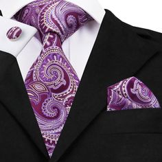 Elegent Purple Paisley Tie Handkerchief Cufflinks Set Mens Silk Ties, Polka Dot Tie, Purple Paisley, Tie Length, Paisley Tie, Mens Tie, Cufflink Set, Purple Tie, Tie Set