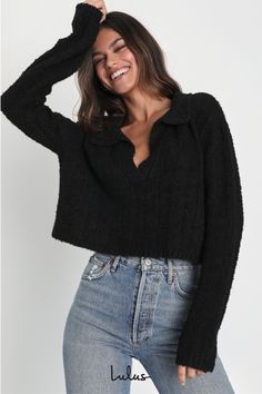 The Lulus Plush Comfort Black Long Sleeve Collared Cropped Sweater Top will keep you warm and adorable all day long! Soft sweater knit shapes this comfy-as-can-be sweater that has a collared, henley-inspired neckline and long sleeves with drop shoulders. The relaxed, boxy bodice ends at a cropped hem, perfect for pairing with your fave high-waisted bottoms! Fit: This garment fits true to size. Length: Size medium measures 18" from shoulder to hem. Bust: Great for any cup size. Waist: Not Fitted Cozy Ribbed Cropped Sweater For Loungewear, Cozy Textured Knit Cropped Sweater For Loungewear, Trendy Knitted Sweater For Everyday, Cozy Knit Cropped Sweater For Everyday, Comfy Black Top For Fall, Comfy Ribbed Winter Sweater, Cozy Black Cropped Long Sleeve Sweater, Cozy Black Long Sleeve Cropped Sweater, Black Cozy Long Sleeve Cropped Sweater