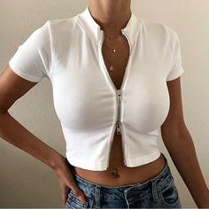 Top With Zipper, Zipper Shorts, White Crop, White Crop Top, Summer 2024, Crop Top, Color White, Short Sleeves, Womens Tops